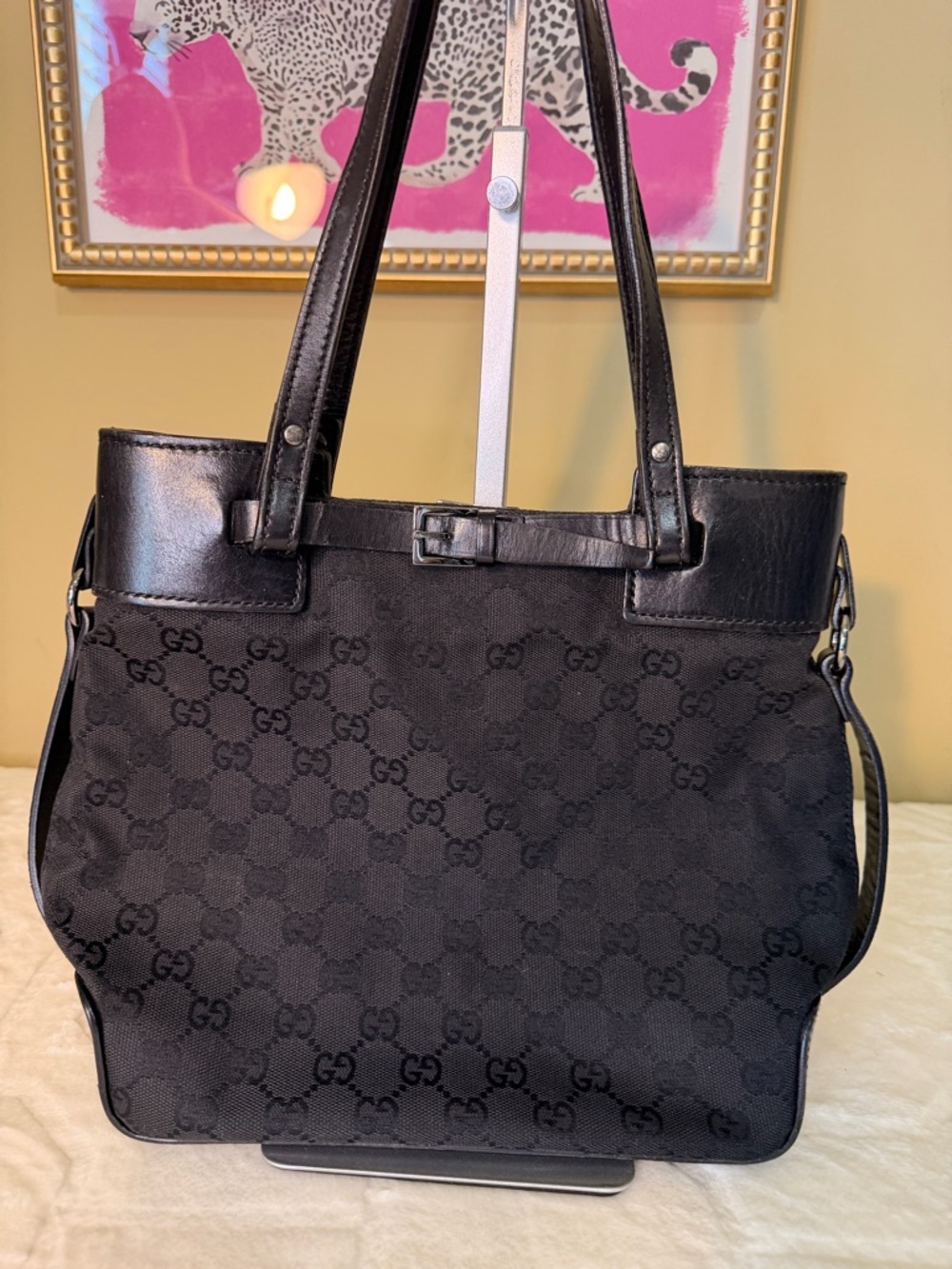 Gucci Black GG Buckle Canvas Tote with Leather Trim